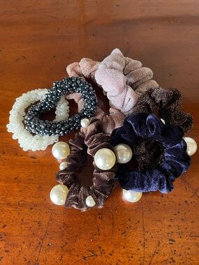 Scrunchies with velvet, pearls plus a few with subtle sparkle